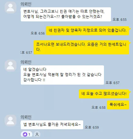 의뢰인 카카오톡: 오늘 변호사님 덕분에 잘 정리가 된 것 같습니다.